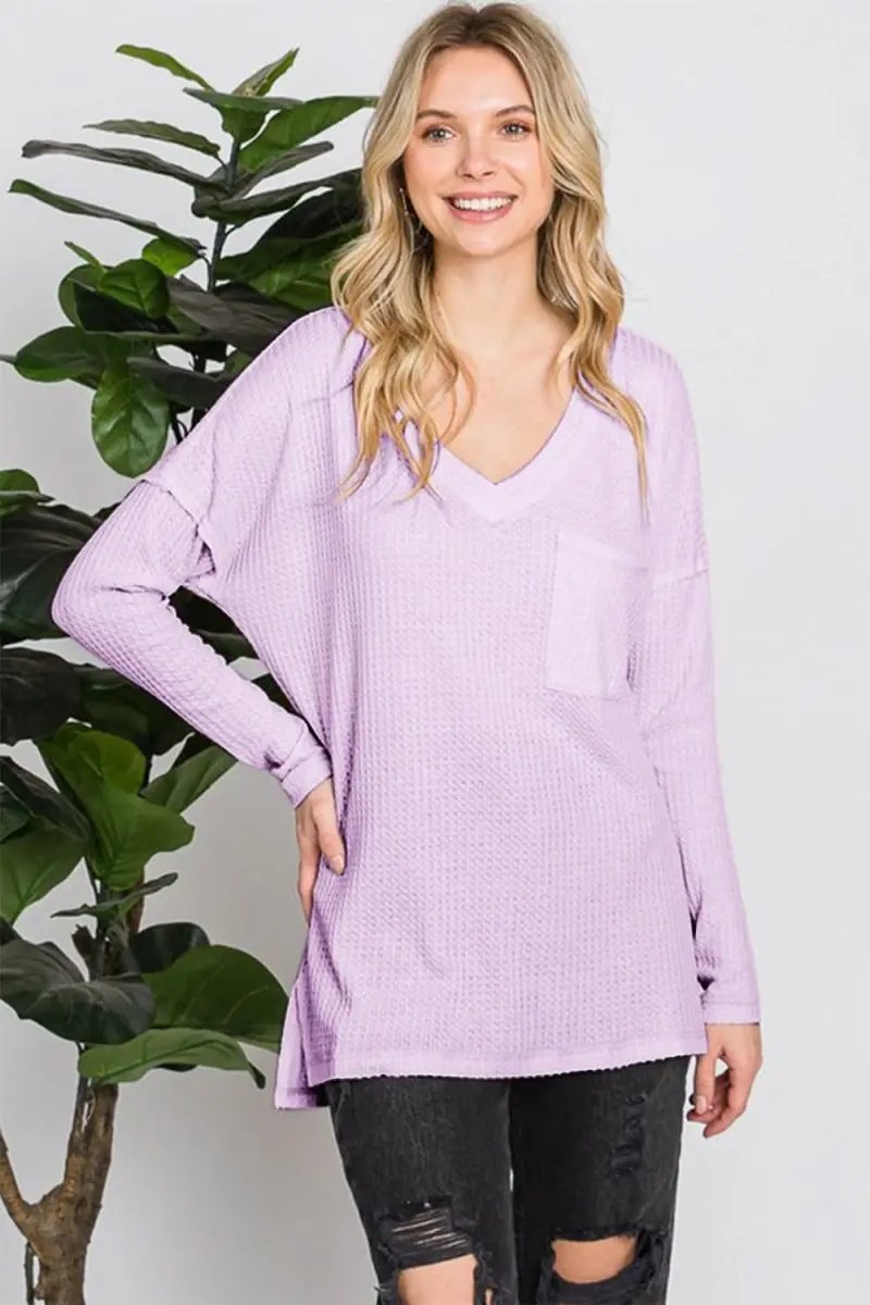 Reborn J Waffle Knit V-Neck Long Sleeve T-Shirt - Love Salve